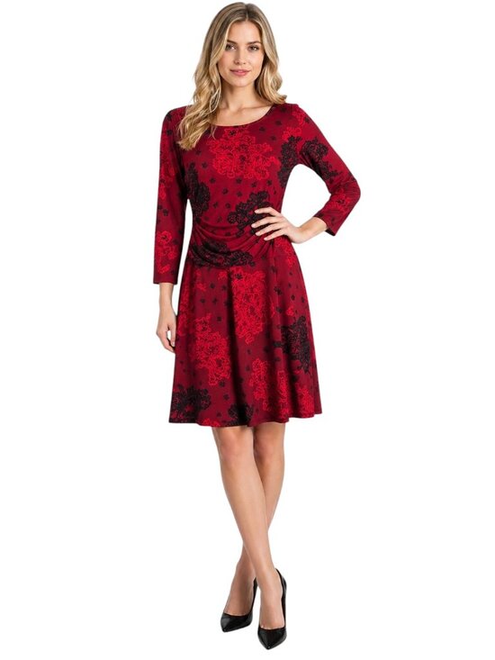 Enfocus Studio Dresses & Skirts - Enfocus Studio Red Black Floral Soft Stretch 3/4 Sleeve Midi Dress Size 4